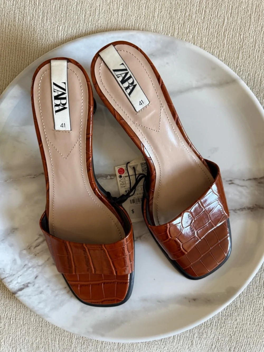 Zara Croc Print Faux Leather Brown Cognac Kitten Heel Size 41 - Picture 2 of 5